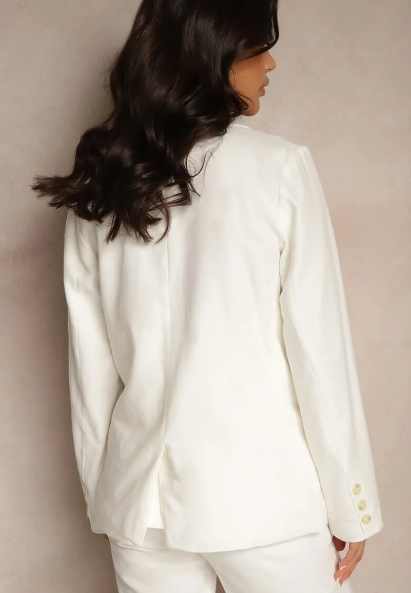 Biała Marynarka z Bawełną i Lnem o Kroju Dwurzędowym Fenolea