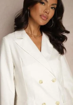 Biała Marynarka z Bawełną i Lnem o Kroju Dwurzędowym Fenolea