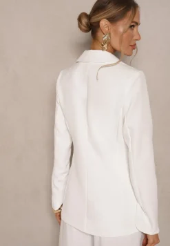 Biała Marynarka z Usztywnionymi Ramionami i Imitacją Kieszeni Halonia
