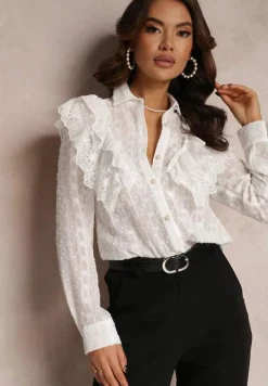 Biała Metaliczna Koszula na Guziki z Falbanką Ettawel