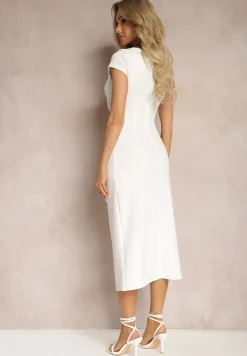 Biała Midi Sukienka z Kwadratowym Dekoltem Linerana