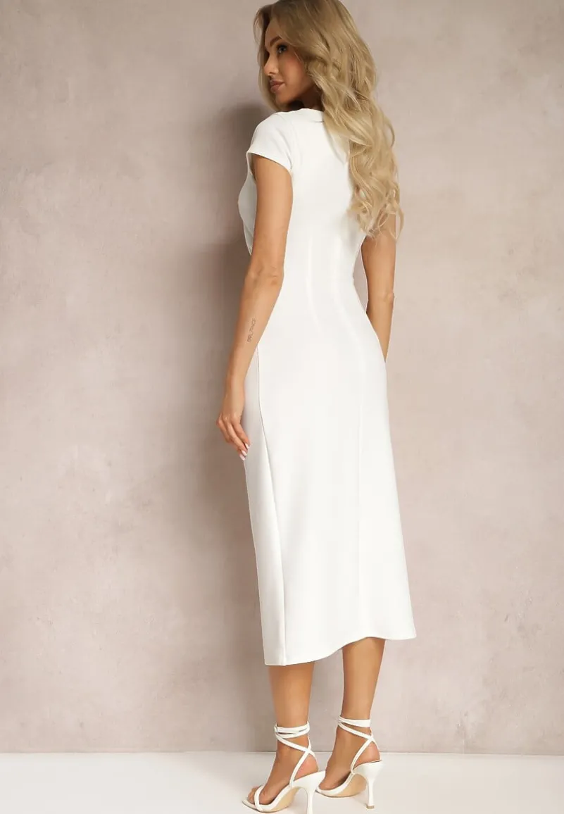 Biała Midi Sukienka z Kwadratowym Dekoltem Linerana