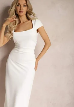 Biała Midi Sukienka z Kwadratowym Dekoltem Linerana