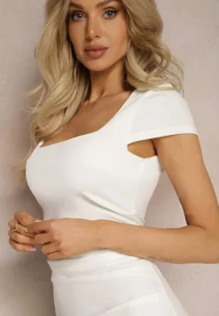 Biała Midi Sukienka z Kwadratowym Dekoltem Linerana