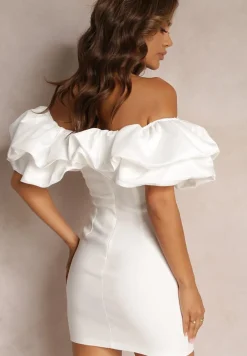 Biała Mini Sukienka o Dopasowanym Fasonie z Hiszpańskim Dekoltem Callacia