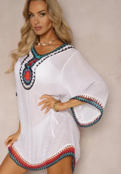 Biała Narzutka Bluzka ze Wstawkami z Ażurowej Tkaniny Vandasia