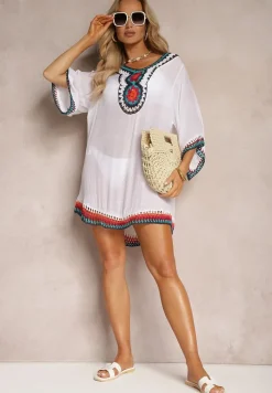 Biała Narzutka Bluzka ze Wstawkami z Ażurowej Tkaniny Vandasia