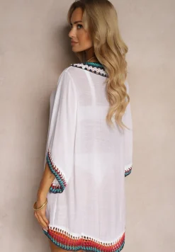 Biała Narzutka Bluzka ze Wstawkami z Ażurowej Tkaniny Vandasia