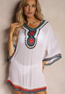 Biała Narzutka Bluzka ze Wstawkami z Ażurowej Tkaniny Vandasia