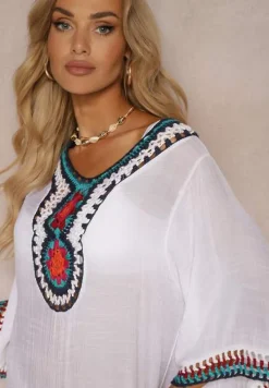 Biała Narzutka Bluzka ze Wstawkami z Ażurowej Tkaniny Vandasia