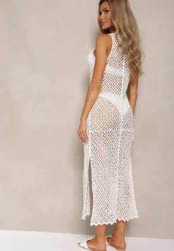 Biała Narzutka Kardigan Ażurowy z Bawełny Wiązany bez Rękawów Giadia