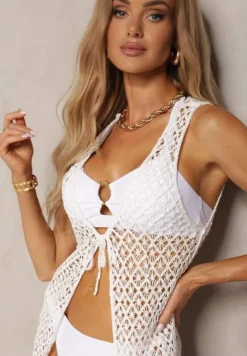 Biała Narzutka Kardigan Ażurowy z Bawełny Wiązany bez Rękawów Giadia