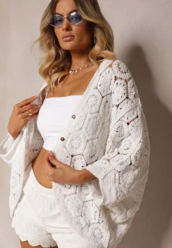 Biała Narzutka Kardigan z Bawełny o Ażurowym Wykończeniu Olvitela