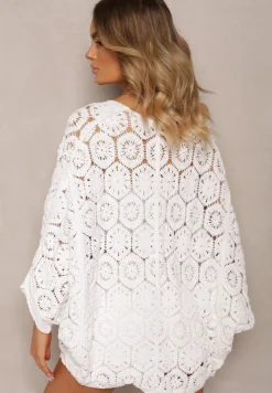 Biała Narzutka Kardigan z Bawełny o Ażurowym Wykończeniu Olvitela