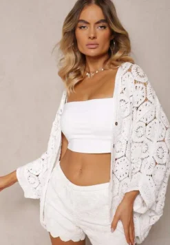 Biała Narzutka Kardigan z Bawełny o Ażurowym Wykończeniu Olvitela