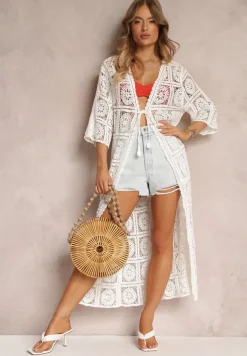 Biała Narzutka Przezroczysta z Haftem i Wiązaniem w Pasie Charolette