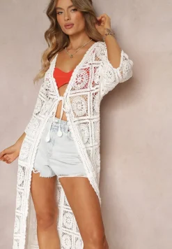 Biała Narzutka Przezroczysta z Haftem i Wiązaniem w Pasie Charolette