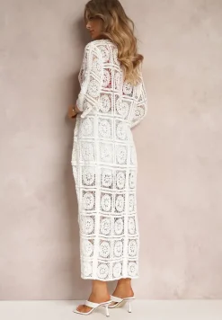 Biała Narzutka Przezroczysta z Haftem i Wiązaniem w Pasie Charolette