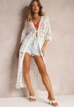 Biała Narzutka Przezroczysta z Haftem i Wiązaniem w Pasie Charolette