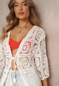 Biała Narzutka Przezroczysta z Haftem i Wiązaniem w Pasie Charolette