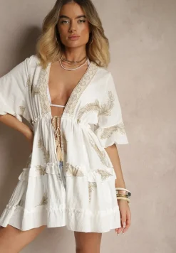 Biała Narzutka z Bawełną Wiskozą Haftami i Metaliczną Nicią Milhira