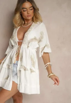 Biała Narzutka z Bawełną Wiskozą Haftami i Metaliczną Nicią Milhira