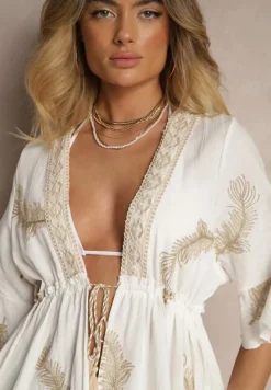 Biała Narzutka z Bawełną Wiskozą Haftami i Metaliczną Nicią Milhira