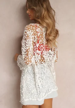 Biała Narzutka z Szydełkowej Tkaniny z Paskiem Henih