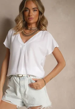 Biała Nietoperzowa Bluzka z Wiskozy Zdobiona Zakładką Paslitia