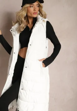 Biała Pikowana Kamizelka Bezrękawnik o Przedłużonym Fasonie z Kapturem Tawari