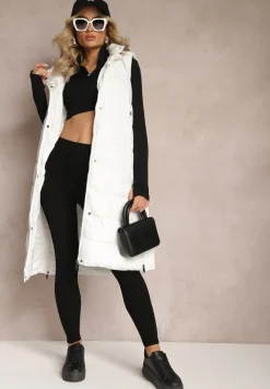 Biała Pikowana Kamizelka Bezrękawnik o Przedłużonym Fasonie z Kapturem Tawari