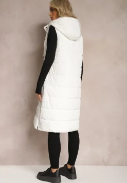 Biała Pikowana Kamizelka Bezrękawnik o Przedłużonym Fasonie z Kapturem Tawari