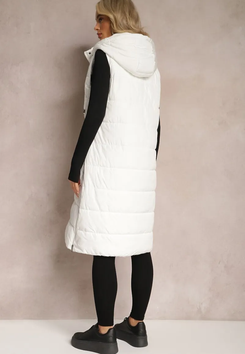 Biała Pikowana Kamizelka Bezrękawnik o Przedłużonym Fasonie z Kapturem Tawari