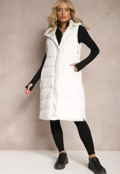 Biała Pikowana Kamizelka Bezrękawnik o Przedłużonym Fasonie z Kapturem Tawari