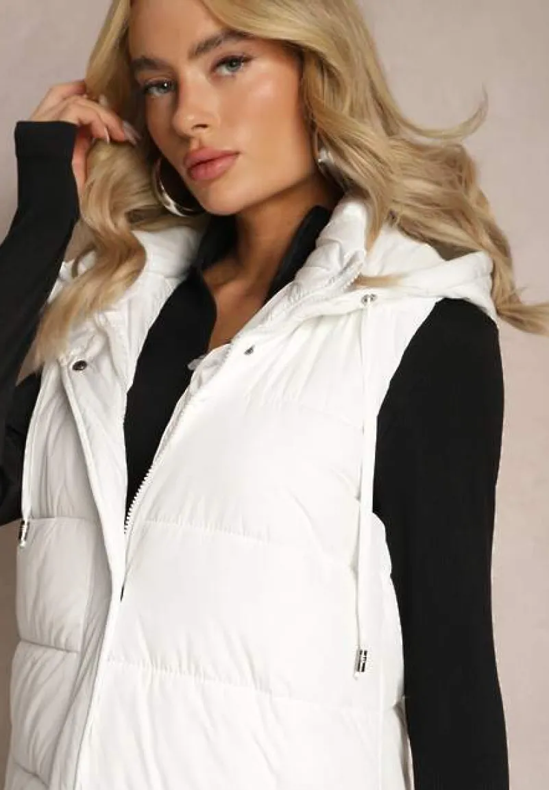 Biała Pikowana Kamizelka Bezrękawnik o Przedłużonym Fasonie z Kapturem Tawari