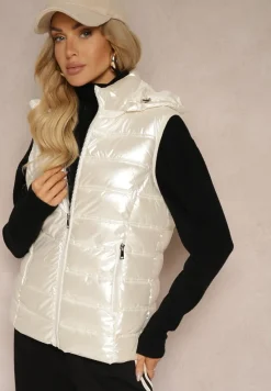 Biała Pikowana Kamizelka z Odpinanym Kapturem Zinnailia