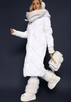 Biała Pikowana Kurtka Płaszcz za Kolano z Kapturem Kinassan