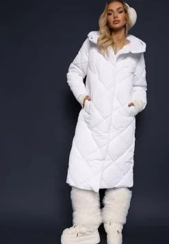 Biała Pikowana Kurtka Płaszcz za Kolano z Kapturem Kinassan