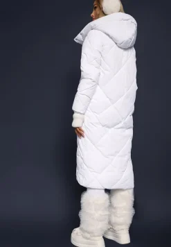 Biała Pikowana Kurtka Płaszcz za Kolano z Kapturem Kinassan
