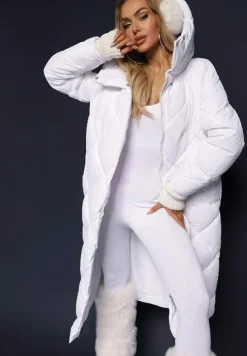 Biała Pikowana Kurtka Płaszcz za Kolano z Kapturem Kinassan