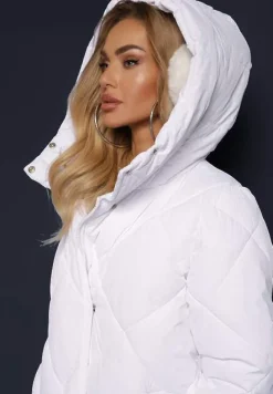 Biała Pikowana Kurtka Płaszcz za Kolano z Kapturem Kinassan