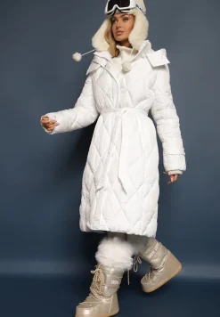 Biała Pikowana Kurtka Płaszcz za Kolano Wiązana w Pasie z Kapturem Klavsa