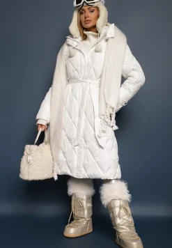 Biała Pikowana Kurtka Płaszcz za Kolano Wiązana w Pasie z Kapturem Klavsa