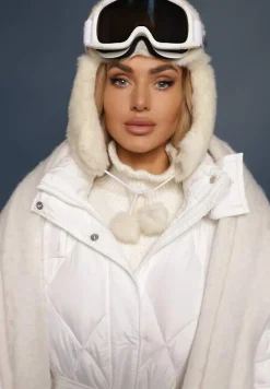 Biała Pikowana Kurtka Płaszcz za Kolano Wiązana w Pasie z Kapturem Klavsa