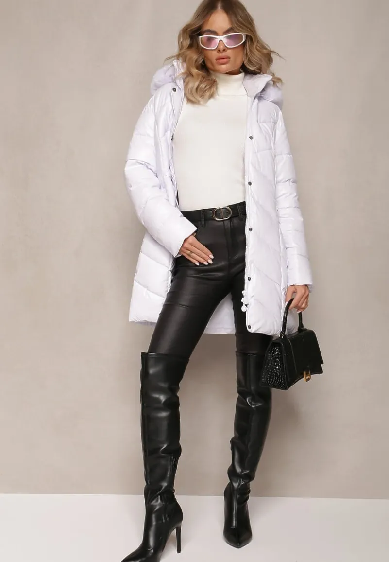 Biała Pikowana Kurtka z Odpinanym Kapturem i Ozdobnym Futerkiem Ainoa