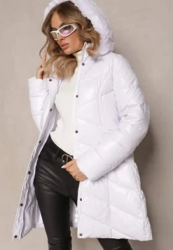 Biała Pikowana Kurtka z Odpinanym Kapturem i Ozdobnym Futerkiem Ainoa