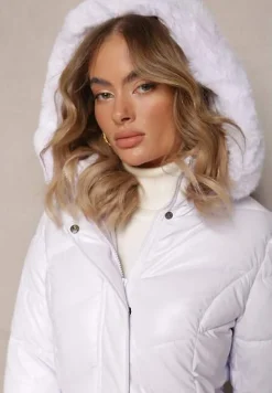 Biała Pikowana Kurtka z Odpinanym Kapturem i Ozdobnym Futerkiem Ainoa