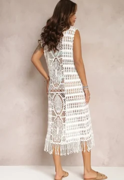 Biała Plażowa Sukienka Szydełkowa z Frędzlami Thoument