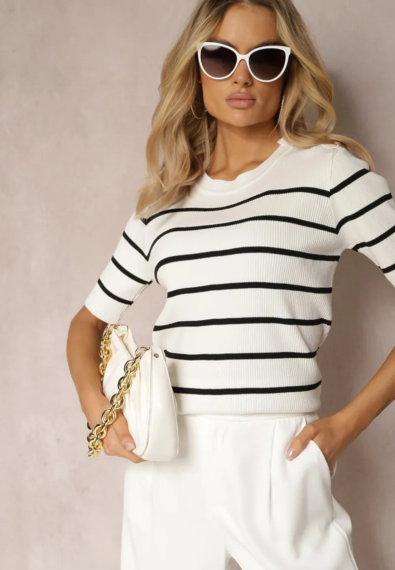 Biała Prążkowana Bluzka z Wiskozy w Paski z Ozdobnymi Guzikami na Ramionach Crea