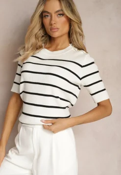 Biała Prążkowana Bluzka z Wiskozy w Paski z Ozdobnymi Guzikami na Ramionach Crea